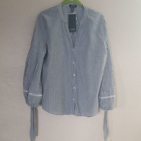 JONES NY stripe puffy sleeve stripe button top - Picture 1 of 4